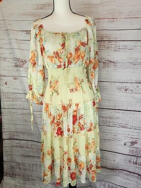anthropologie Fig & flower Light Green Floral Tiered Midi Dress